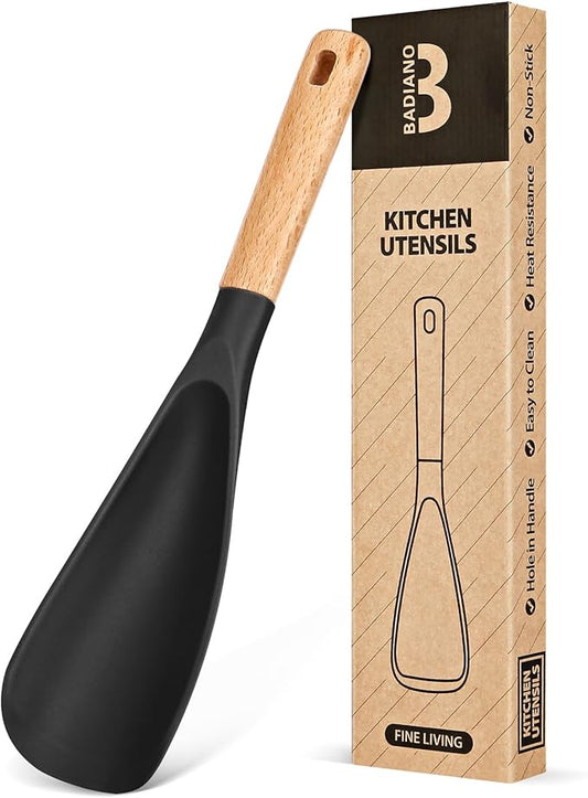 Cooking Spoon for Nonstick Cookwares, Great for Cooking and Serving Sturdy BPA-Free Matte Silicone, Wood Handle Spoon for Mixing, Scoop, and Scrape (BLACK, 11.4 inch)