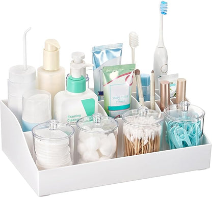 Vtopmart 5 PCS Bathroom Countertop Organizer, 1 Divided Tray with 4 Qtip Holder Jars, Restroom Clear Organizers for Toothbrush, Cotton Pads Balls, Floss, Bathroom Vanity Accessories Storage Set, White