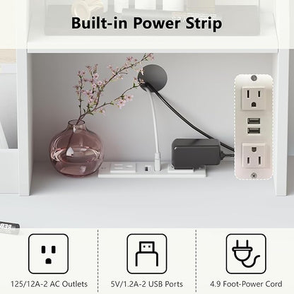 Vanity Desk with Mirror and Lights & Power Outlet, Makeup Vanity Set with Chair & RGB Ambient Light, Girls Vanity Dressing Table with 3 Lighting Modes & Adjustable Brightness for Bedroom, White