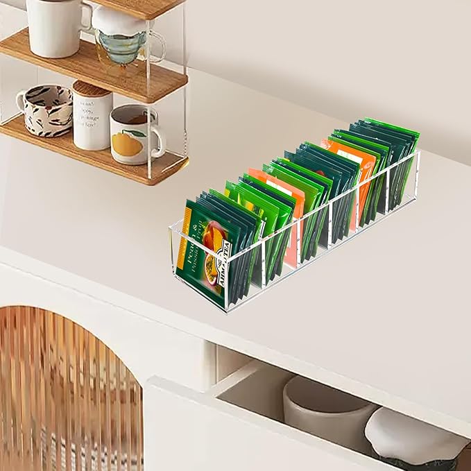 Tasybox Tea Bag Organizer, Acrylic Teabag Holder Clear Storage Box, 1 Pack | Tasybox Tea Bag Organizer Holder, Small Teabag Packet Storage Box for Drawer, Countertop, Pantry, Kitchen, Cabinet, Shelf