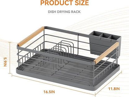 BRIAN & DANY Dish Drying Rack, Dish Racks for Kitchen Counter, Stainless Steel Dish Drainer with Removable Cutlery Holder & Drainboard, Grey