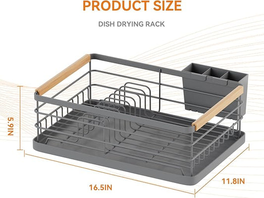 BRIAN & DANY Dish Drying Rack, Dish Racks for Kitchen Counter, Stainless Steel Dish Drainer with Removable Cutlery Holder & Drainboard, Grey