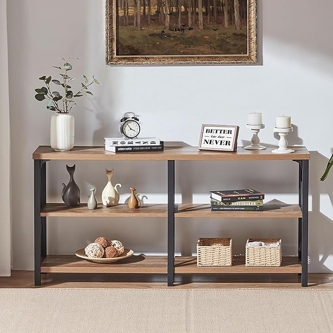 IBF Farmhouse Entryway Table, Rustic Long Console Table Behind Couch, Modern Metal Wooden Sofa Table with Storage Shelves, 3 Tier Foyer Hallway Table for Livingroom, Rustic Oak,63 in