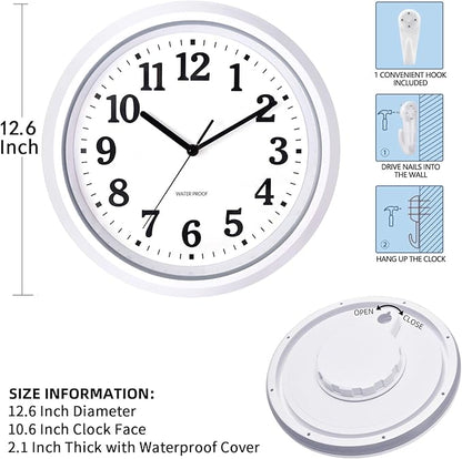 Caysie 12 Inch Sealed Indoor Outdoor Waterproof Wall Clock, Durable Silent Non-Ticking Battery Operated Quality Quartz Round Clock, Wall Decorative for Patio, Pool, Bathroom (White)