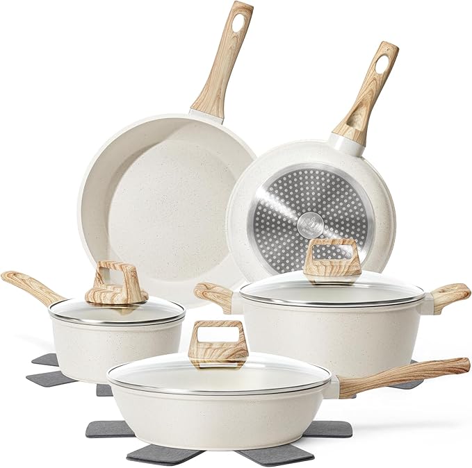 12 Pcs Pots and Pans Set Non Stick, Cookware Sets White Granite Induction Cookware, Non-toxic Healthy Nonstick Kitchen Cooking Set with Frying Pan Set, Saucepans (PFAS/PFOA/PFOS Free)
