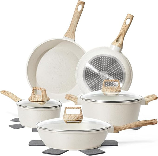 12 Pcs Pots and Pans Set Non Stick, Cookware Sets White Granite Induction Cookware, Non-toxic Healthy Nonstick Kitchen Cooking Set with Frying Pan Set, Saucepans (PFAS/PFOA/PFOS Free)