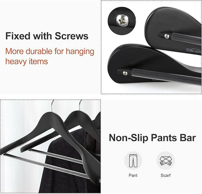 TOPIA HANGER Wide Shoulder Wooden Hangers, Suit Hangers with Non Slip Pants Bar & 360° Swivel Hook, Solid Wood Heavy Duty Coat Hanger, 10 Pack (Matte Black)-CT02B-10