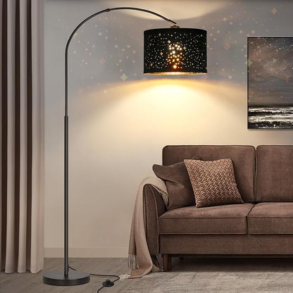 Seaside Village Modern Arc Floor Lamp, Tall Pole Lamp with Black Stars Lampshade, Arched Reading Light with 350Adjustable Lamp Head, Over Couch Hanging Light for Living Room, Bedroom, Office (Black)