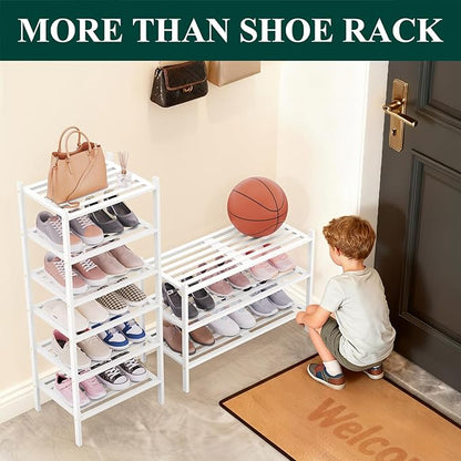 Smiry Long Bamboo Shoe Rack 5-Tier, Stackable Wooden Shoe Organizer for Entryway & Closet, Free Standing Wood Shoe Storage Shelf for Front Door & Small Spaces, White