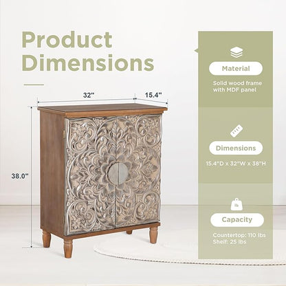 Sophia & William Accent Cabinet with Doors, Distressed Decorative Storage Cabinet with Wood Frame and Silver Embossed Pattern for Entryway Living Room