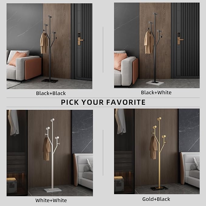 JIAYUEJU Heavy Duty Coat Rack Tree-shaped Metal Freestanding Coat Tree with Sturdy Marble Base Corner Coat Rack for Bedroom Entryway Hallway 14.96 x 10.24 x 68.9 Inches (Gold)