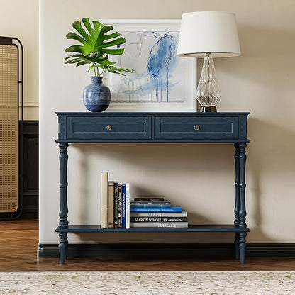 ARTPOWER Console Table for Entryway with 2 Drawers-Minimal Assembly,Blue Retro Entryway Table with Storage Cabinets and Open Shelf,Narrow Long Couch Table Behind Sofa for Living Room,Foyer,Hallway