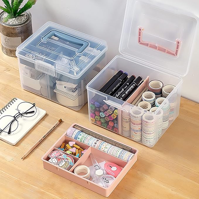 FOREVERIE Clear Small Plastic Storage Box with Handle & A Removable Tray & Adjustable Divider, Kids Students Children Art Box, Desk Organiser Case, Medicine Storage Box (Clear & Ocean Blue)