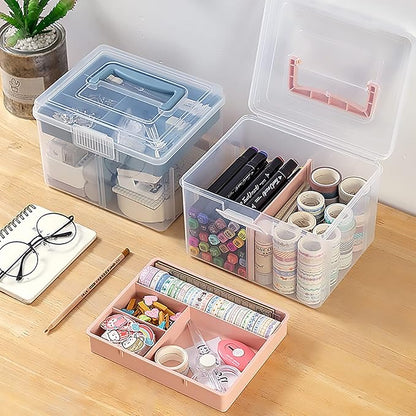 FOREVERIE Clear Small Plastic Storage Box with Handle & A Removable Tray & Adjustable Divider, Kids Students Children Art Box, Desk Organiser Case, Medicine Storage Box (Clear & Ocean Blue)