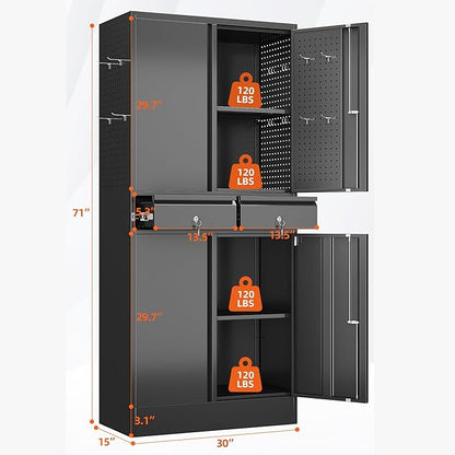 Aobabo 71" H×30" W×15" D Metal Storage Cabinet with 2 Drawers, Locking Steel Storage Cabinet with 2 Adjustable Shelves and 8 Hooks for Garage, Office, Black, Assembly Required