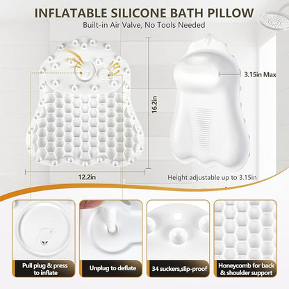 Silicone Bath Pillows for Tub - Adjustable Firmness Bathtub Pillow for Offering Perfect Head Neck & Back Support, Bath Pillow Cushion for Epsom Salt Soaking – Spa Gifts for Women & Parents, White