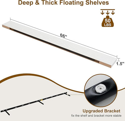 Fun Memories 66 Inch Fireplace Mantel - Long Floating Shelf, Wall Mounted Farmhouse Display with Invisible Heavy Duty Metal Bracket, White, 2 Pack