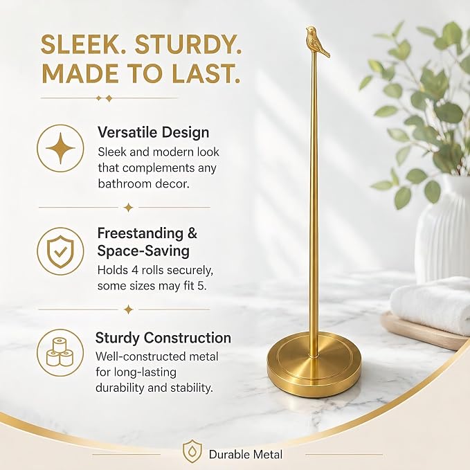 Bird Toilet Paper Holder Stand for 4 Rolls, Cute Animal Bathroom Decor, Funky Decorative Freestanding Toilet Roll Holder - Gold