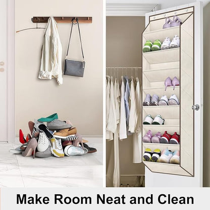 SLEEPING LAMB Over The Door Shoe Organizer for Closet with Large Deep Pockets, Narrow Shoe Rack for Door Hanging Boots Storage, Beige