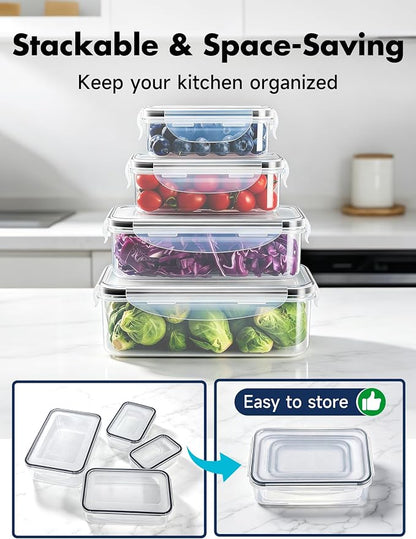 Geedel Food Storage Containers with Lids, Airtight Leakproof Lunch Meal Prep Containers, Stackable Microwave Freezer Dishwasher Safe Plastic Food Containers for Kitchen Organization, Set of 4, Clear