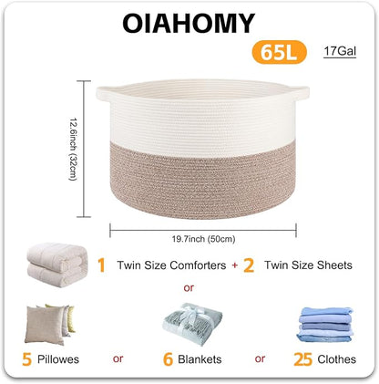 OIAHOMY Large Blanket Basket for Living Room, 19.7" x 12.6" Woven Cotton Rope Laundry Basket for Organizing Pillows, Decorative Stuffed Animal Toy Storage for Nursery, White and Linen Brown