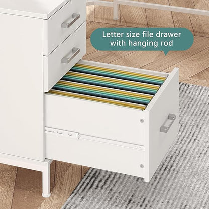 TVU 59’’ L Shaped Desk with 6 Wooden Drawers, Large Home Office Corner Computer Desk with Storage File Cabinet, Modern Metal Wood Desk for Executive Writing Study Workstation, White