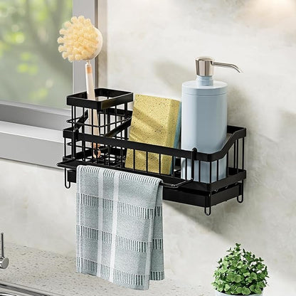 WIWIUXY Sponge Holder for Kitchen Sink, Sink Caddy with High Brush Holder, Organzier Rustproof 304 Stainless Steel Dish Organizer Wall Mount, Soap Dispenser Storage