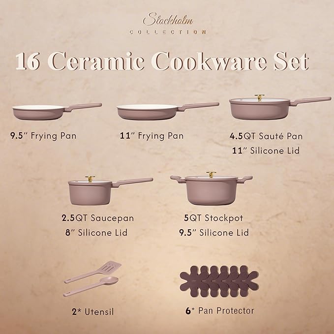 CAROTE Ceramic Cookware Set, Pots and Pans Set Non stick, 16-Piece Induction Cookware, Non toxic Healthy Non Stick Kitchen Cooking Set, with Frying Pans Set,Large Capacity Soup Pot, Pink