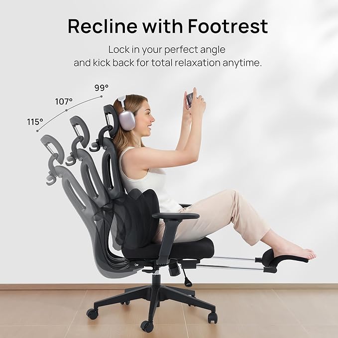 CabLady S1 Petite Ergonomic Office Chair Design with Detachable Pillow Lumbar Cushion, Coat Hanger, 2D Headrest & PU Armrests, Cloud Seat & Footrest Cute Desk Chair for Women Girls