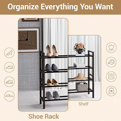Haddockway Bamboo Shoe Rack for Closet, Free Standing Shoe Organizer with Smooth Round Rods & Convenient Handles, Stackable Shoe Storage Shelf for Entryway, Hallway(Brown, 4-Tier(Small))