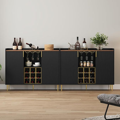ARTPOWER 48" Wine Bar Cabinet with Fluted Texture, Modern Buffet Sideboard with Wine Rack and Glass Holder, Liquor Coffee Station with Storage for Kitchen, Living Room, Home Bar, Black