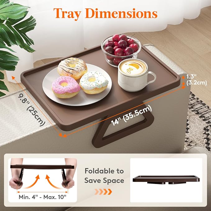 Lifewit Plastic Rotating Couch Armrest Table, Adjustable Sofa Arm Clip Holder Tray for Snack/Fast Food/Fruit/Drink, Large Foldable Stable Sofa Table with Reinforced Clamp, Brown