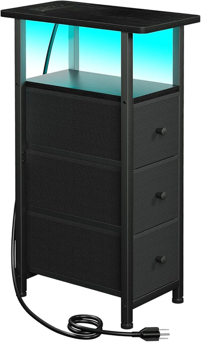 Narrow End Table Living Room with Charging Station, Skinny Side Table with Fabric Drawers, Slim LED Nightstand for Bedroom, Small Spaces, Couch, Black, HETNDP03LBK-1