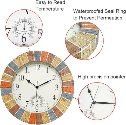 UMEXUS Indoor Outdoor Clock and Thermometer, 13 Inch Large Waterproof Weatherproof Wall Clocks, Retro Silent Non-Ticking Battery Operated Decor for Garden Kitchen Bathroom