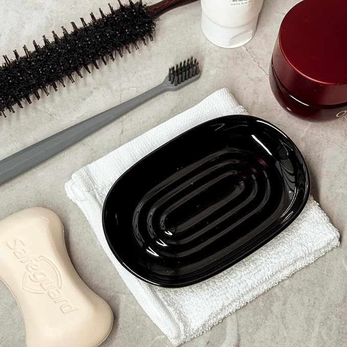 Ceramic Marble Pattern Soap Dish, Textured Raised Soap Saver Tray for Shower Bathroom Kitchen Sink Vanity, Easy to Clean Multi-Use Holder for Bar Soap Jewelry Rings Keys, Black (2 Pack)