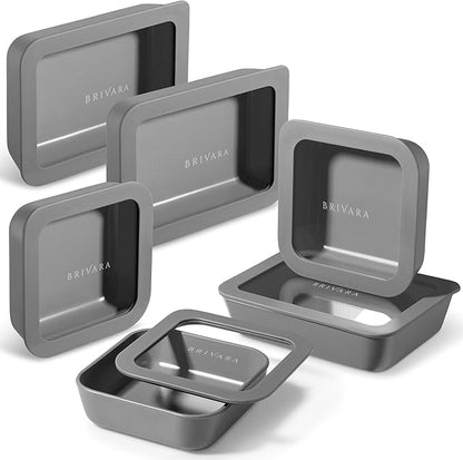 BRIVARA HOME Ceramic Coated Glass Food Storage Container | No PTFE, PFOA, PFAS, and BPA | Reusable Non Toxic Meal Prep Container with Glass Lid | Easy To Store | 6 Piece Food Prep [Smoke]