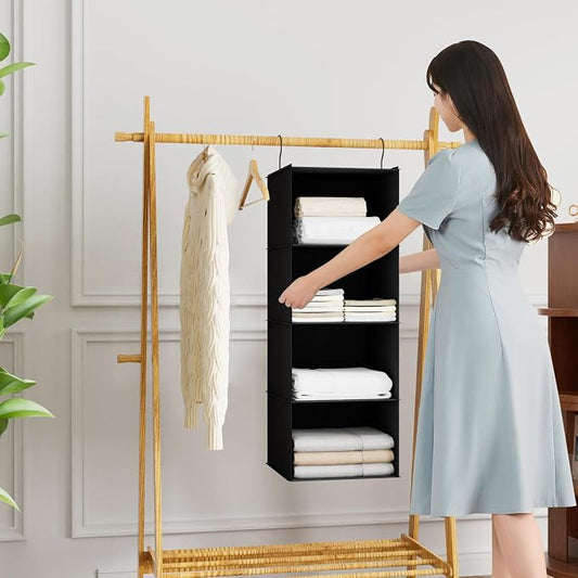 Hanging Closet Organizer 4-Shelf, Oxford Fabric Wardrobe Storage, Black | Easy-mount foldable design holds clothes, handbags, shoes & accessories; washable Oxford fabric, sturdy and space-saving.