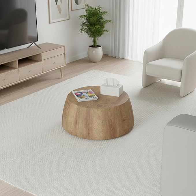 29.5" Round Coffee Table, Convertible Rustic Coffee Table Table with Wooden Veneer, Drum Coffee Table for Living Room, MDF, Already Assembled