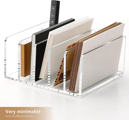SANRUI Acrylic Mail Sorter Desktop Organizer with Pen Holder, 5 Compartments Clear Small File Script Letter Document Storage for Desk Bill Filling Envelope Holder Office, Home, School Organization