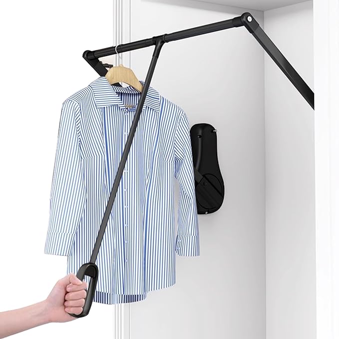 Pull Down Closet Rod for Hanging Clothes, Wardrobe Lift Rail Aluminum Alloy Organizer, Side Mounted Closet Rod for Kitchen Bedroom High Cabinets, 66 lbs Load Capacity (Black, 33.4"-45.3")