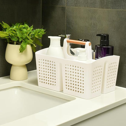 Portable Shower Caddy Basket with Compartments, Plastic Divided Cleaning Caddy Organizer Storage Tote with Handle for Bathroom, College, Dorm Room Essentials, White