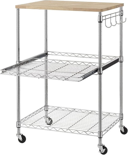 Finnhomy 3-Tier Rolling Kitchen Cart, Microwave Cart with Oak Wood Tabletop and Drawer Slider, Coffee Cart & Food Service Cart with Hooks, Chrome