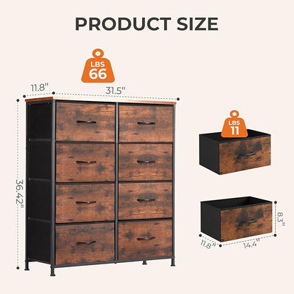 Sweetcrispy Dresser for Bedroom with 8 Storage Drawers, Large Fabric Storage Tower Organizer, Chest of Drawers with Metal Frame Wooden Top for Closet, Living Room, Entryway, Tank