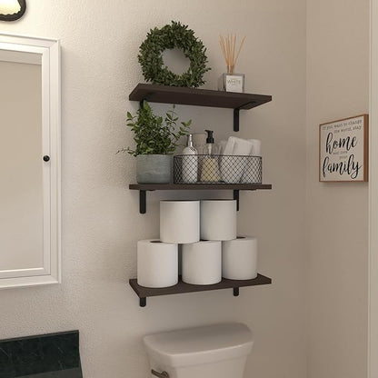 WOPITUES Wood Floating Shelves Set of 6, Shelves for Wall Decor, Farmhouse Shelf for Bedroom, Bathroom Storage Shelves, Book Shelves for Living Room, Dark Brown