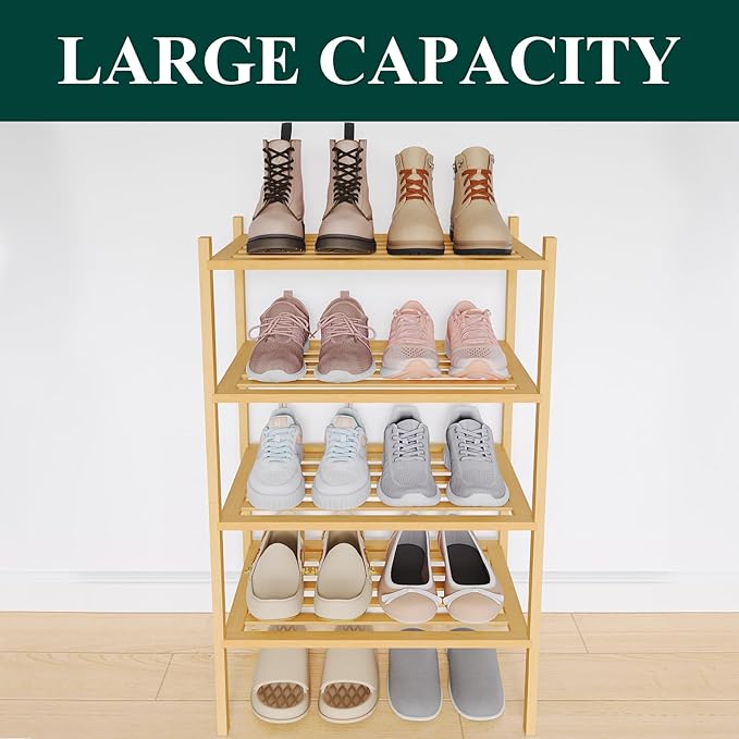 Smiry Small Bamboo Shoe Rack 4-Tier, Stackable Wooden Shoe Organizer for Entryway & Closet, Free Standing Wood Shoe Storage Shelf for Front Door & Small Spaces, Natural
