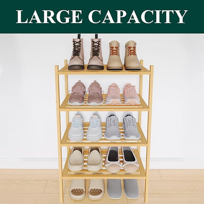 Smiry Small Bamboo Shoe Rack 4-Tier, Stackable Wooden Shoe Organizer for Entryway & Closet, Free Standing Wood Shoe Storage Shelf for Front Door & Small Spaces, Natural