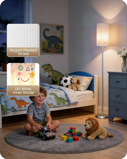 64.2” Dimmable Floor Lamp for Living Room with Remote and Foot Switch, Corner Floor Lamp for Bedroom, Includes 10W A19 Bulb, Modern Standing Tall Lamp, ETL Listed, Silver and White SCW17LD05