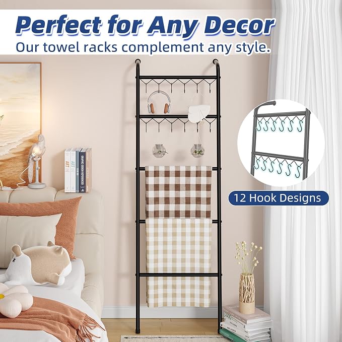 Simple Trending Blanket Ladder，5 Tier Metal Towel Rack with 12 Hooks, 79'' Metal Style Decorative Ladder for The Living Room Bedroom Bathroom Home Decor, Black