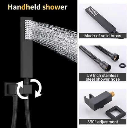 AYIVG Matte Black 4 Function Dual Shower Heads System Multi Functions Temperature Full Body Shower System 6pcs Jets 16 X 26 Inch And 8 inch Rainfall Shower Head Faucet Set