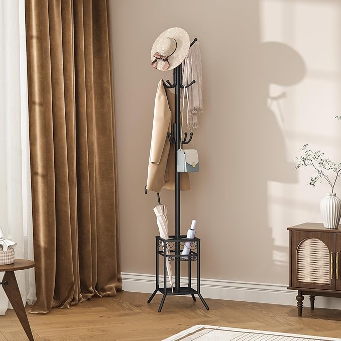 ELYKEN Coat Rack Freestanding, Metal Coat Rack Stand with Umbrella Holder, Modern Coat Tree with 12 Hooks, Floor Standing Corner Hall Tree for Entryway Living Room Bedroom Office, Black